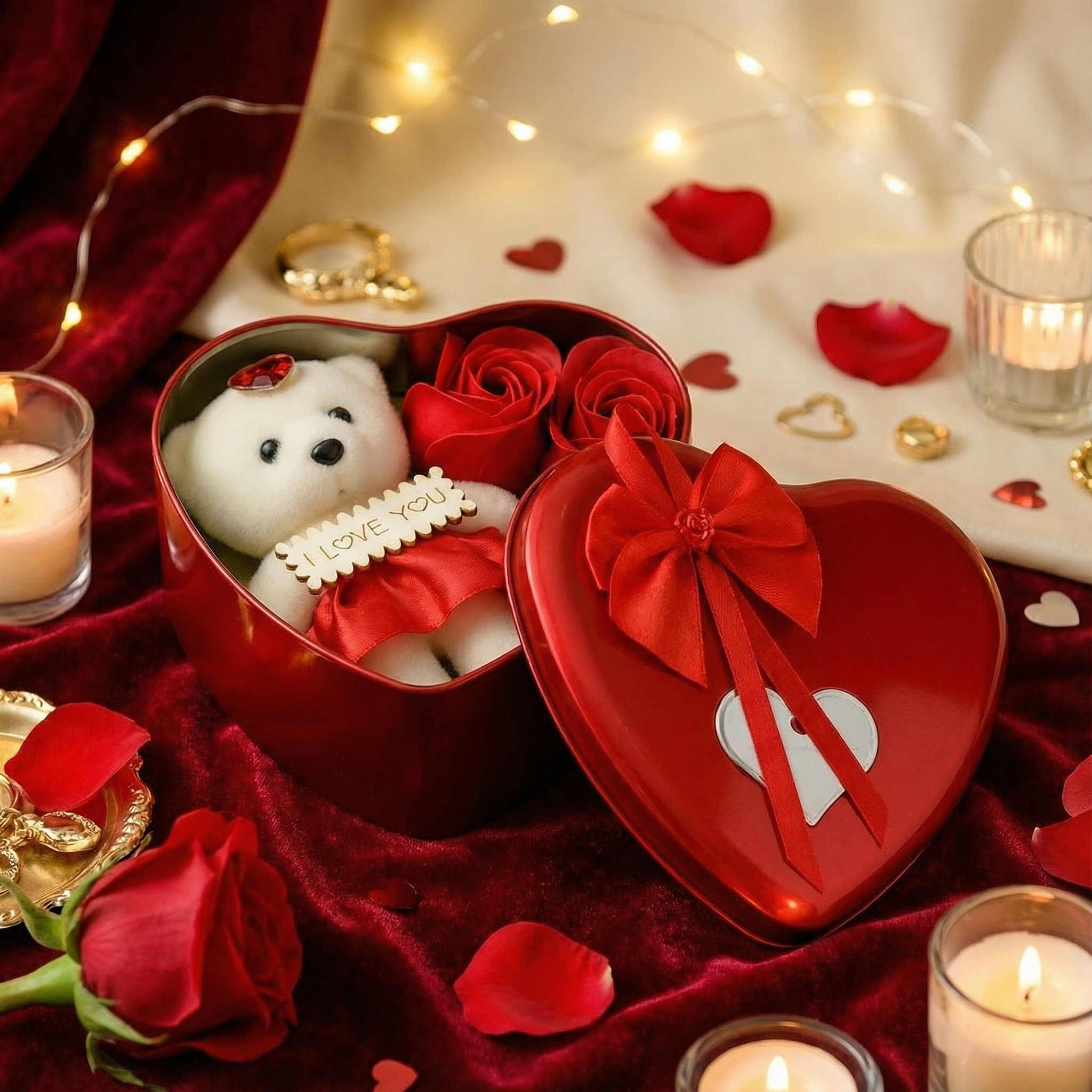 Pudełko Serce z Misiem i Mydlanymi Różami